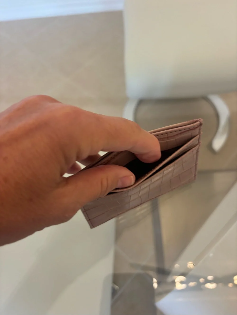 Croc-Embossed Slim Card Holder in Dusty Rose